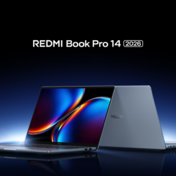 Xiaomi Redmibook 14 Pro 2026 hero shot, angled view with blue glow and REDMI branding