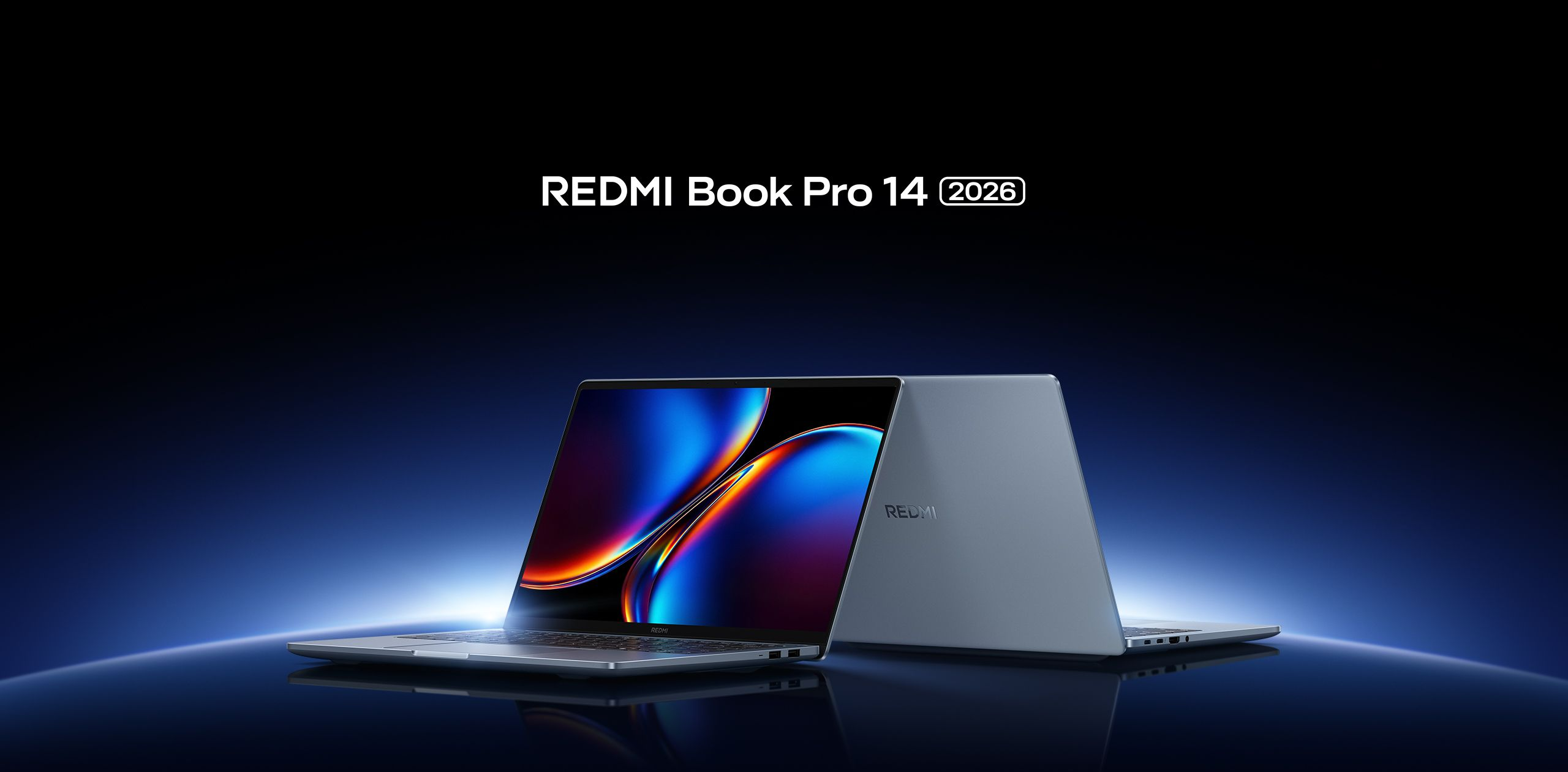 Xiaomi Redmibook 14 Pro 2026 hero shot, angled view with blue glow and REDMI branding
